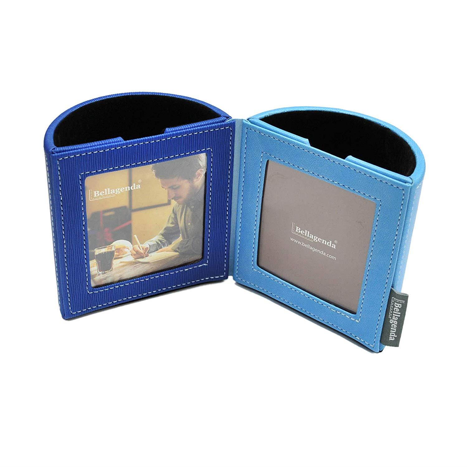 Pen Pencil Holder with Photo Frames | Desk Organizer | Desk Decoration | Multi Function Desk Stationery | Space Saver | 2 Picture Frames | Handicraft | PU Leather & Suede (Sky Blue)