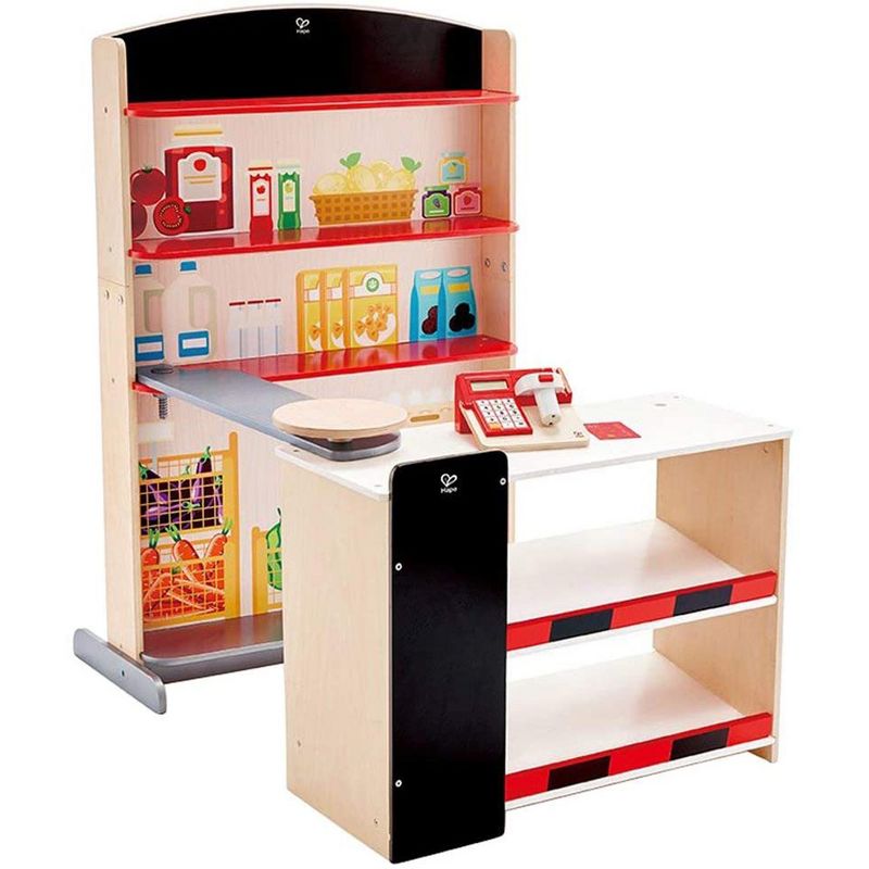 Hape Pop Up Grocery Shop Pretend Play Set Bundle with My Coffee Machine Kids Wooden Pretend Kitchen Coffee Maker with Accessories, Ages 3 and Up