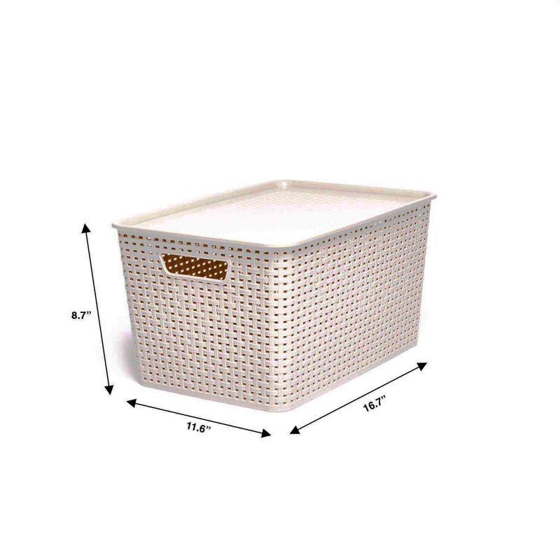 Homz 2211007 Large Plastic Heavy Duty Woven Storage Basket Bin with Matching Lid, Cream (12 Pack)