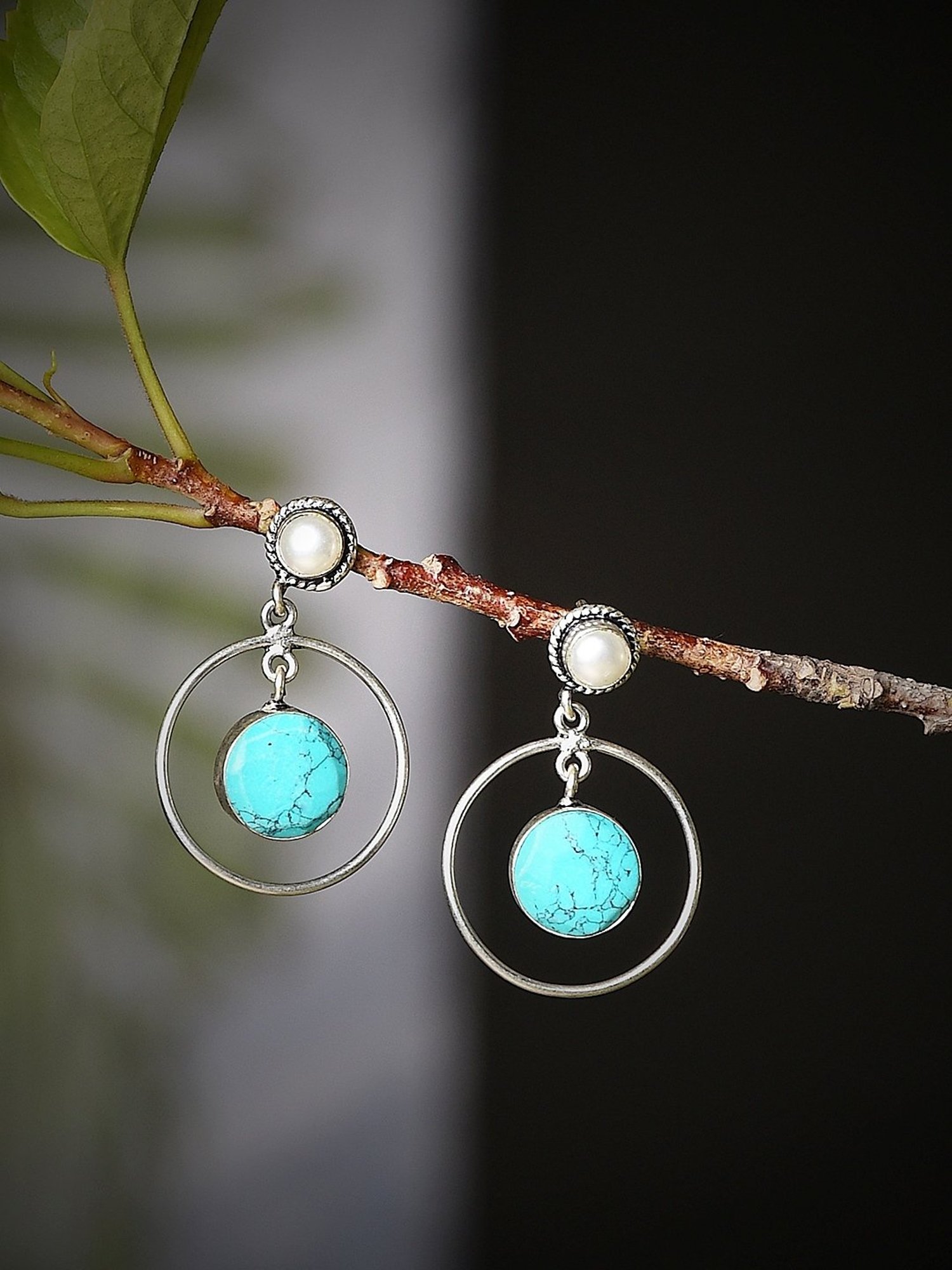 Imli Street Turquoise-White Silver Tone Stone-Studded Handcrafted Drop Earrings