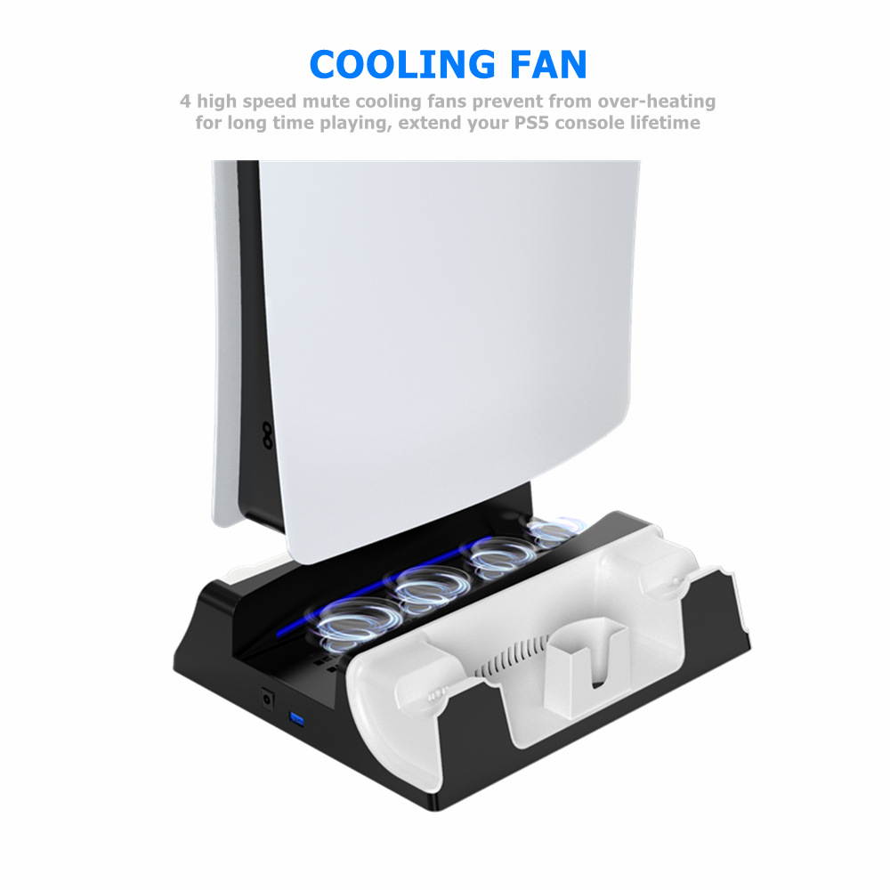 PS5 multifunctional Cooling Stand with Charging Station and Suction Cooling Fan, Dual Controller Wireless Charger Station, Charging Dock Station and Game Slots