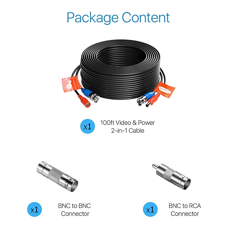 1 Pack 100ft 30 Meters 2in1 Video Power Cable BNC Extension Surveillance Camera Cables for Video Security Systems Included 1X BNC Connectors and 1X RCA Adapters