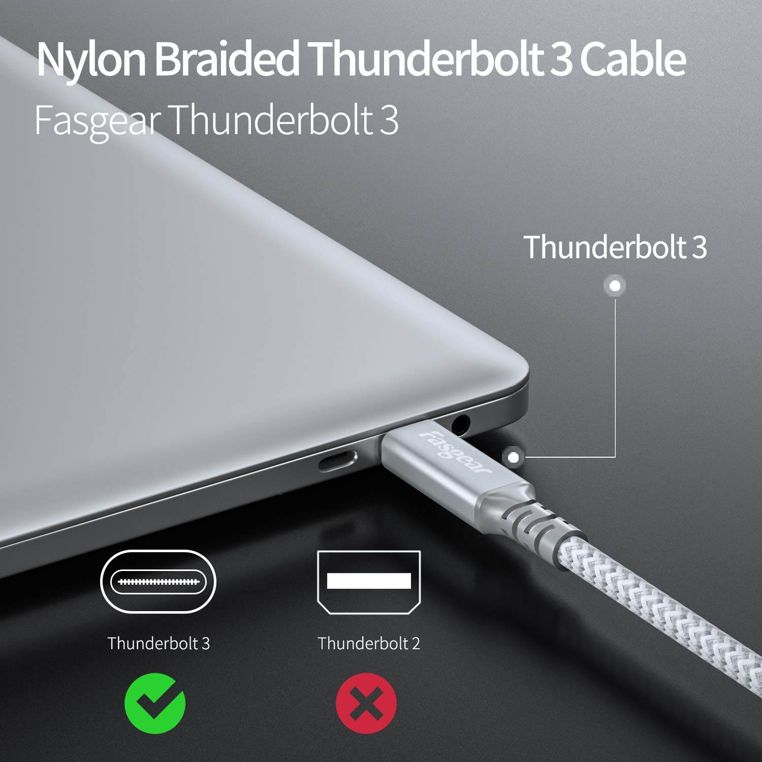 Fasgear Thunderbolt 3 Cable 4.9ft 40Gbps/ 100W (5A) Charging/ 5K@60Hz USB-C Nylon Braided Cord Compatible for Mac BooksiPad ProPixeleGPUExternal SSDMoniterDocking StationHub (White)