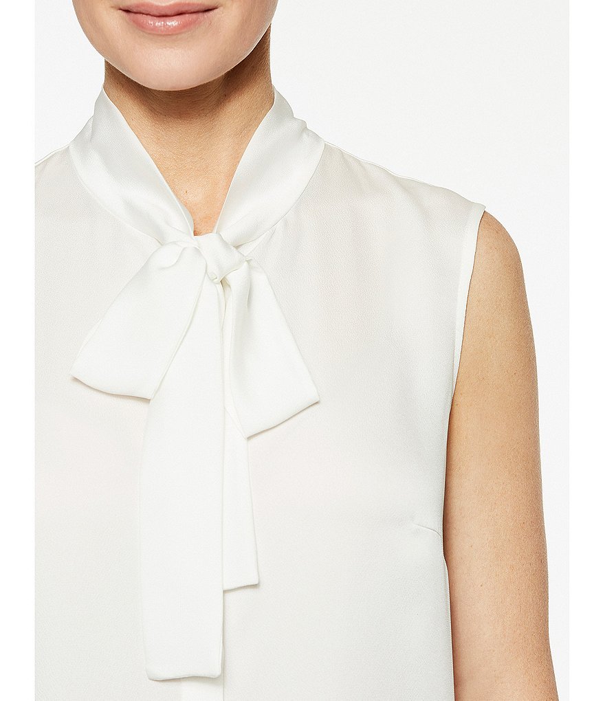 Misook Sleeveless Mandarin Collar Tie Neck Washable Blouse