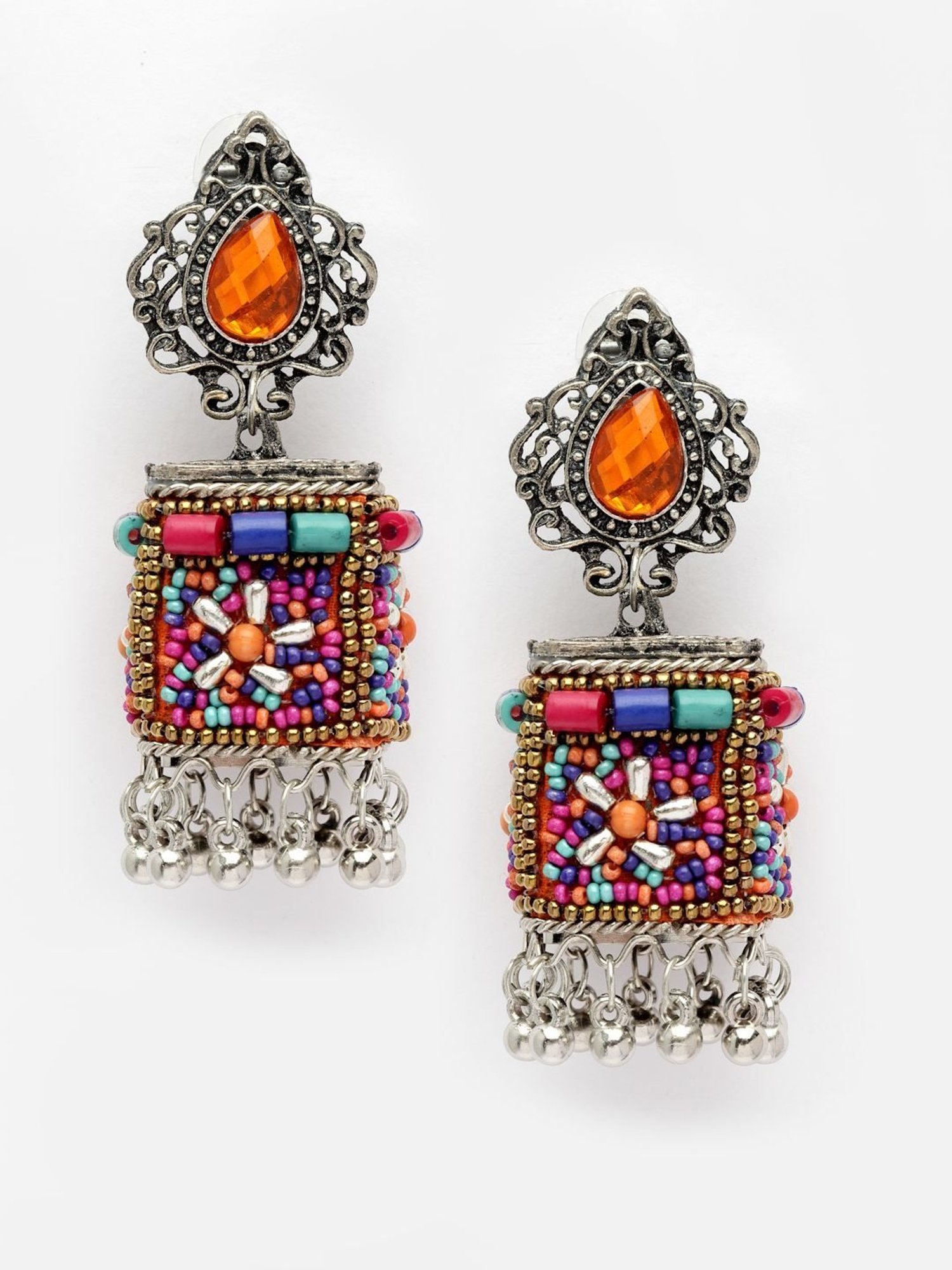 Moedbuille Multi Beads and Stones Afghan Design Oxidised Silver Plated Handcrafted Earrings