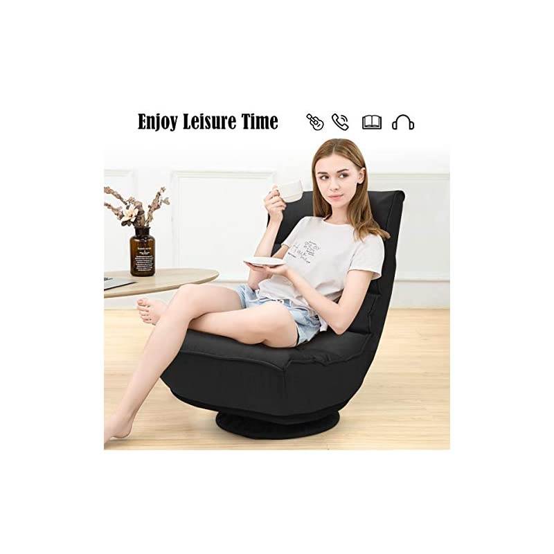 360 Degree Swivel Gaming Chair, 5-Position Adjustable Folding Floor Chair, 300lb Spring Support, Comfortable Padded Backrest, Lazy Sofa Chair Game Rocker for Teens Adults (Black)