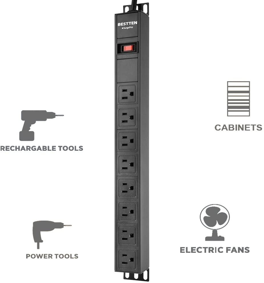 BESTTEN 1U PDU, 8-Outlet Metal Power Strip with 9ft Extension Cord and Surge Protector (900 Joules), 15A/125V/1875W, 19-inch Server Rack Mount Power Distribution Unit, ETL Listed