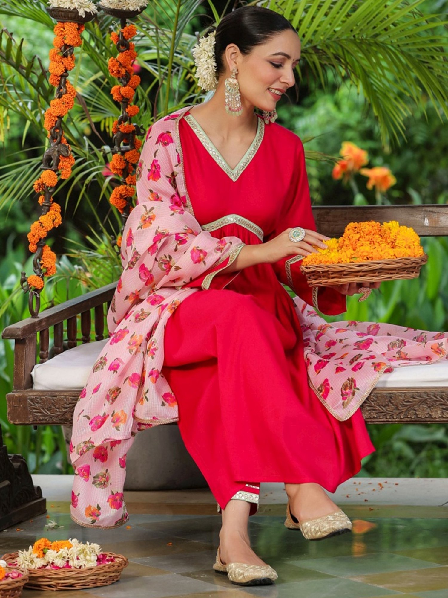 Rain and Rainbow Fuchsia Pink Embroidered Kurta Pant Set With Dupatta