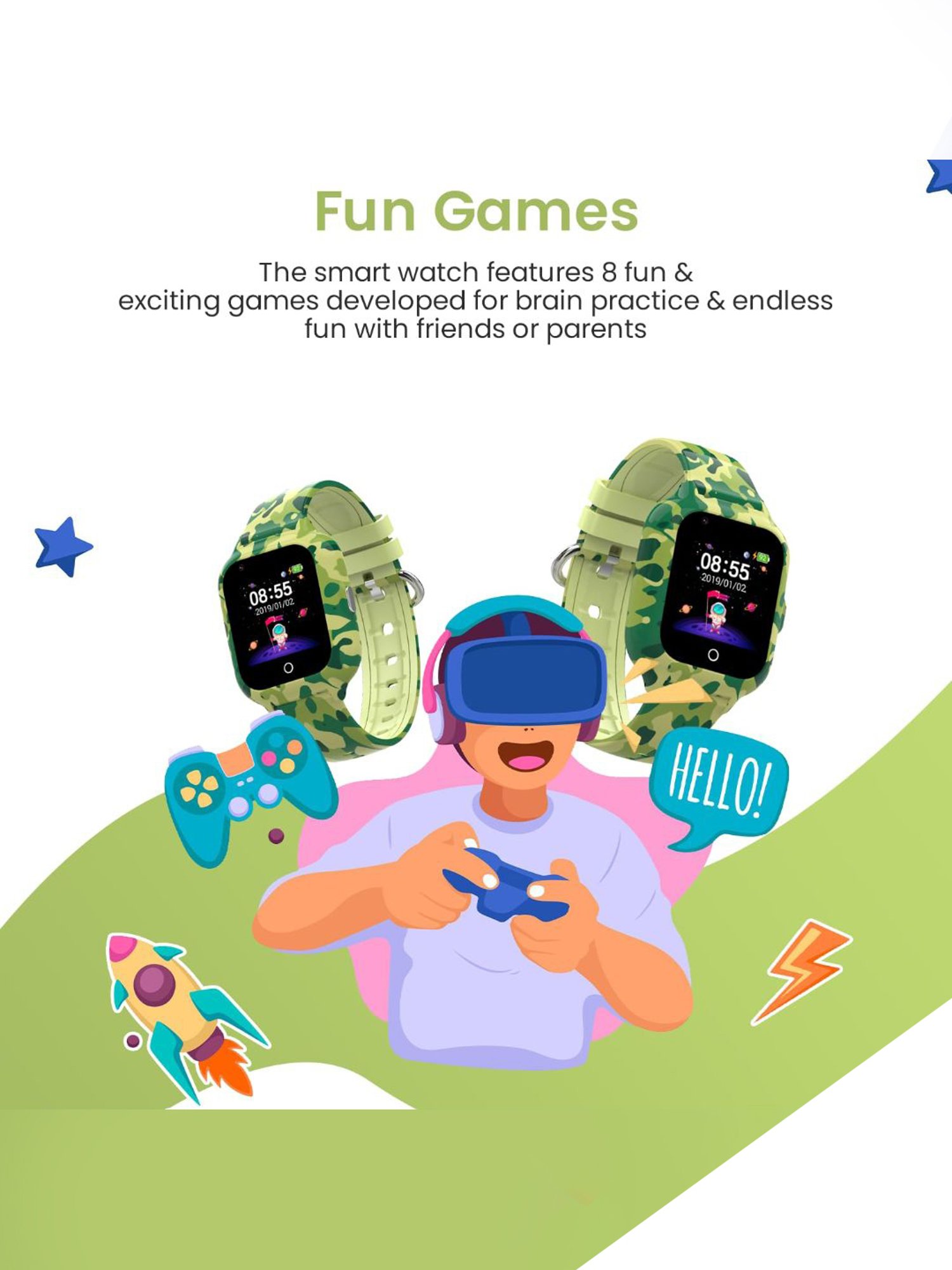 Turet Smartwatch for Kids with Camera, Games, Recorder, Sim Enabled 2-Way Calling (Green)