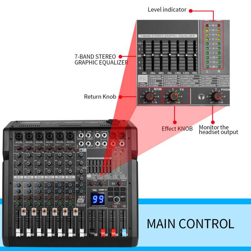 Bomaite B8 Professional 10-Channel Bluetooth Mixing Console with Reverb Effect, 3-band EQ, 48V Phantom, USB MP3 Player for Computer Recording, Bands