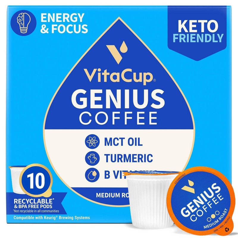 VitaCup Genius Coffee Pods w/KETO MCT Oil, Turmeric, & B Vitamins (Energy & Focus) Medium Roast - 10ct