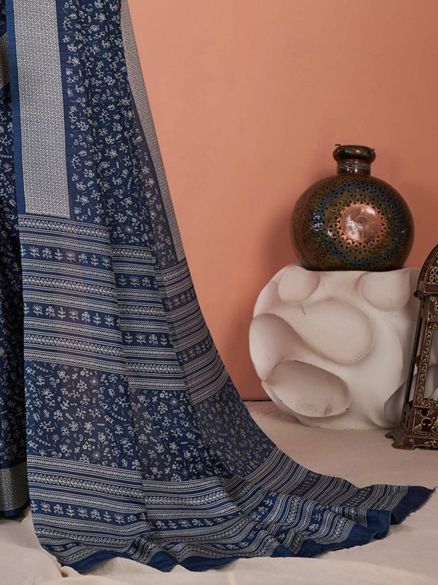 Saree Mall Navy Silk Printed Saree With Unstitched Blouse