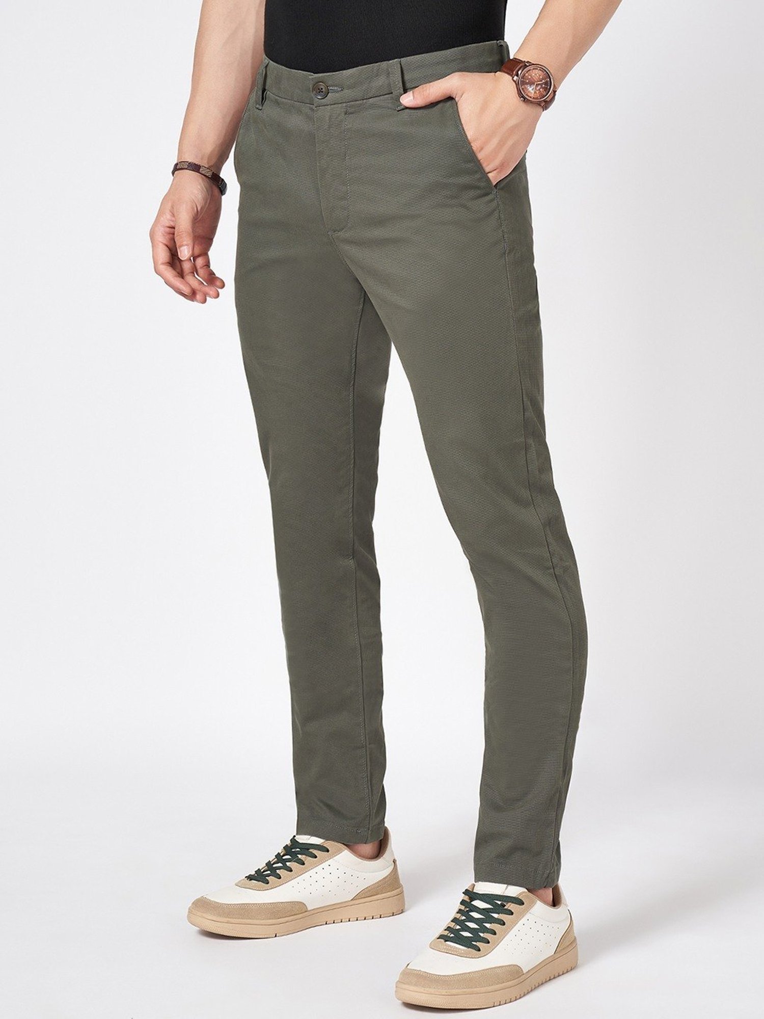 Byford By Pantaloons Green Cotton Slim Fit Texture Trousers