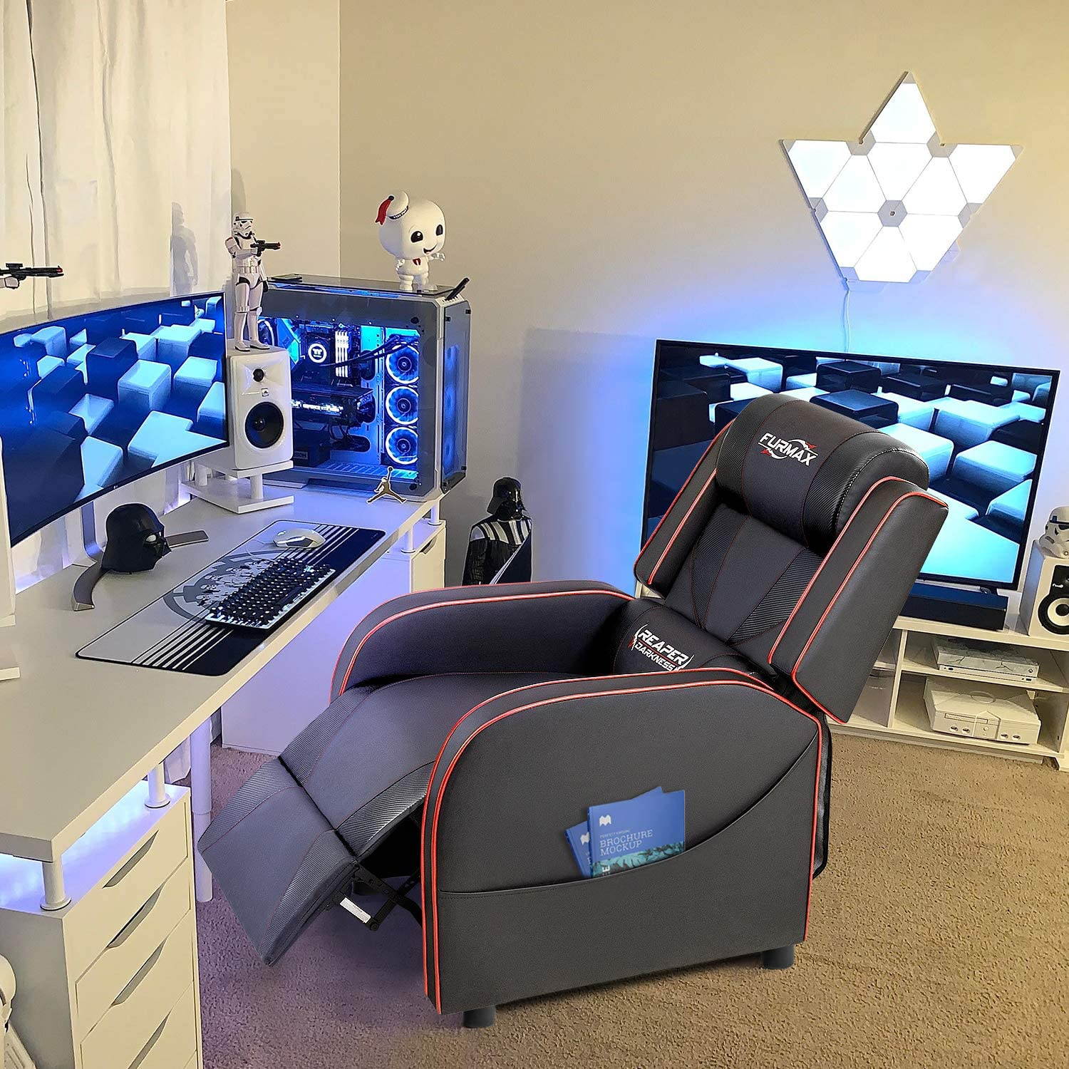 Furmax Gaming Recliner Chair Racing Style Single Ergonomic Lounge Sofa PU Leather Reclining Home Theater Seat for Living Room (Blue)