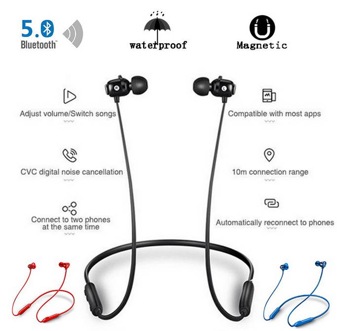 Bluetooth 5.0 Magnetic Wireless Sports Earphones W/Mic HD Stereo Sweatproof in Ear Earbuds Noise Cancelling Volume Control Present