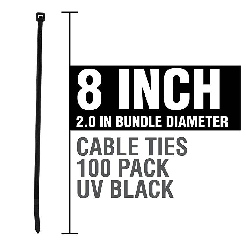 Cable Ties 8-in 75 Lb Standard Duty Self Locking UV Resistant Black Zip Ties, 100 Pack, UL Listed, Contractor Quality and Strength