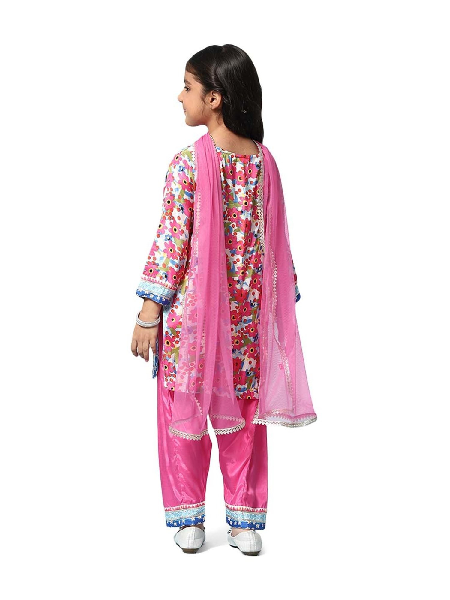 BIBA Girls Pink Floral Print Full Sleeves Kurta Set