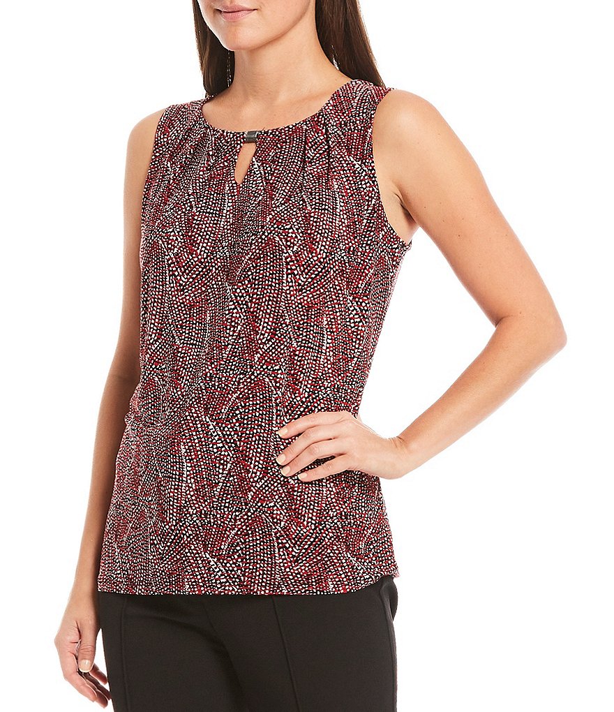 Kasper Confetti Print Round Keyhole Neck Sleeveless Knit Tank
