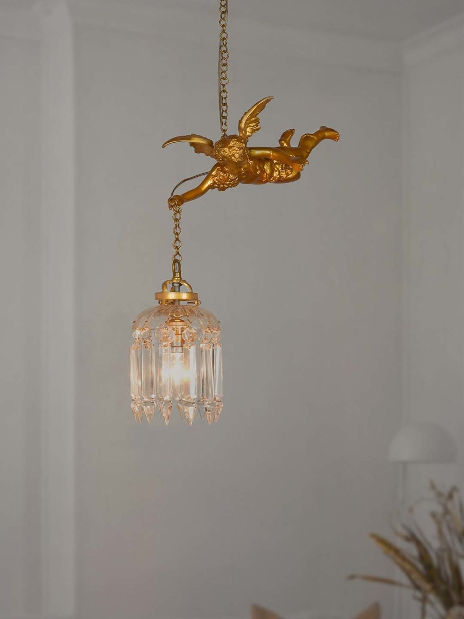 Fos Lighting Antique Gilded Cherub Golden & Transparent Aluminium Pendant Light - Set of 1