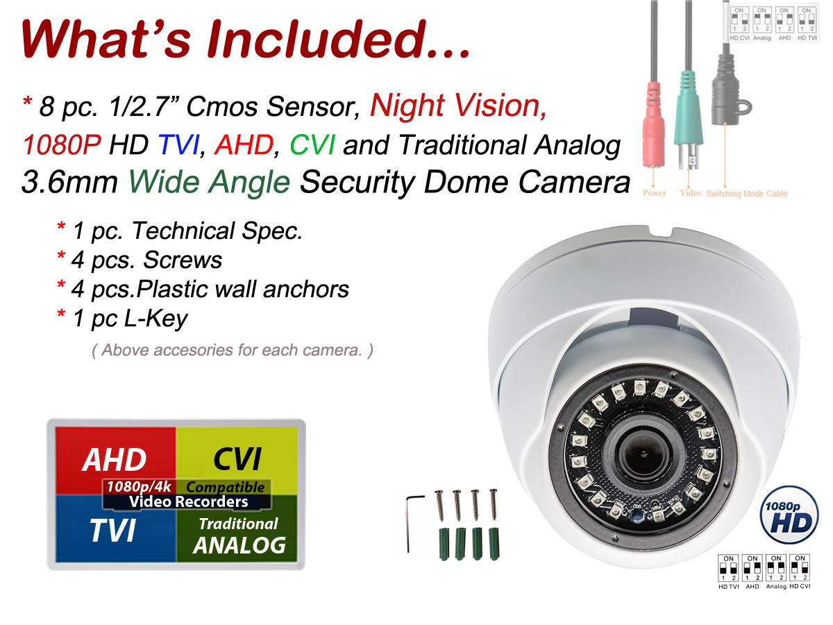 EVERTECH 8 pcs HD 1080p 4-in-1 TVI/AHD/CVI/Analog (960H/CVBS) Day Night Vision Outdoor Indoor Weatherproof 3.6mm Wide Angle fixed lens CCTV Security Surveillance Camera