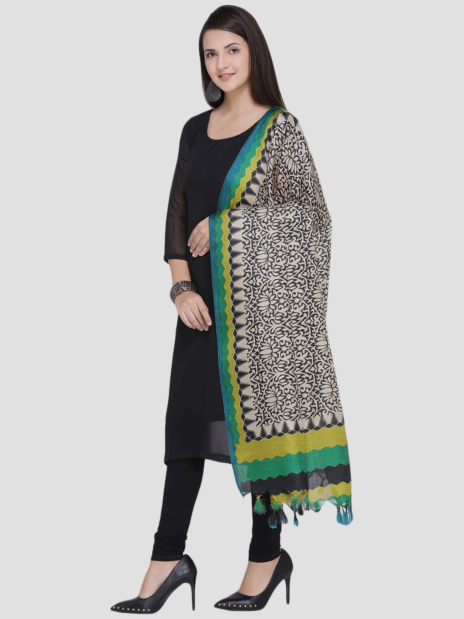 Saree Mall Beige & Green Floral Print Dupatta