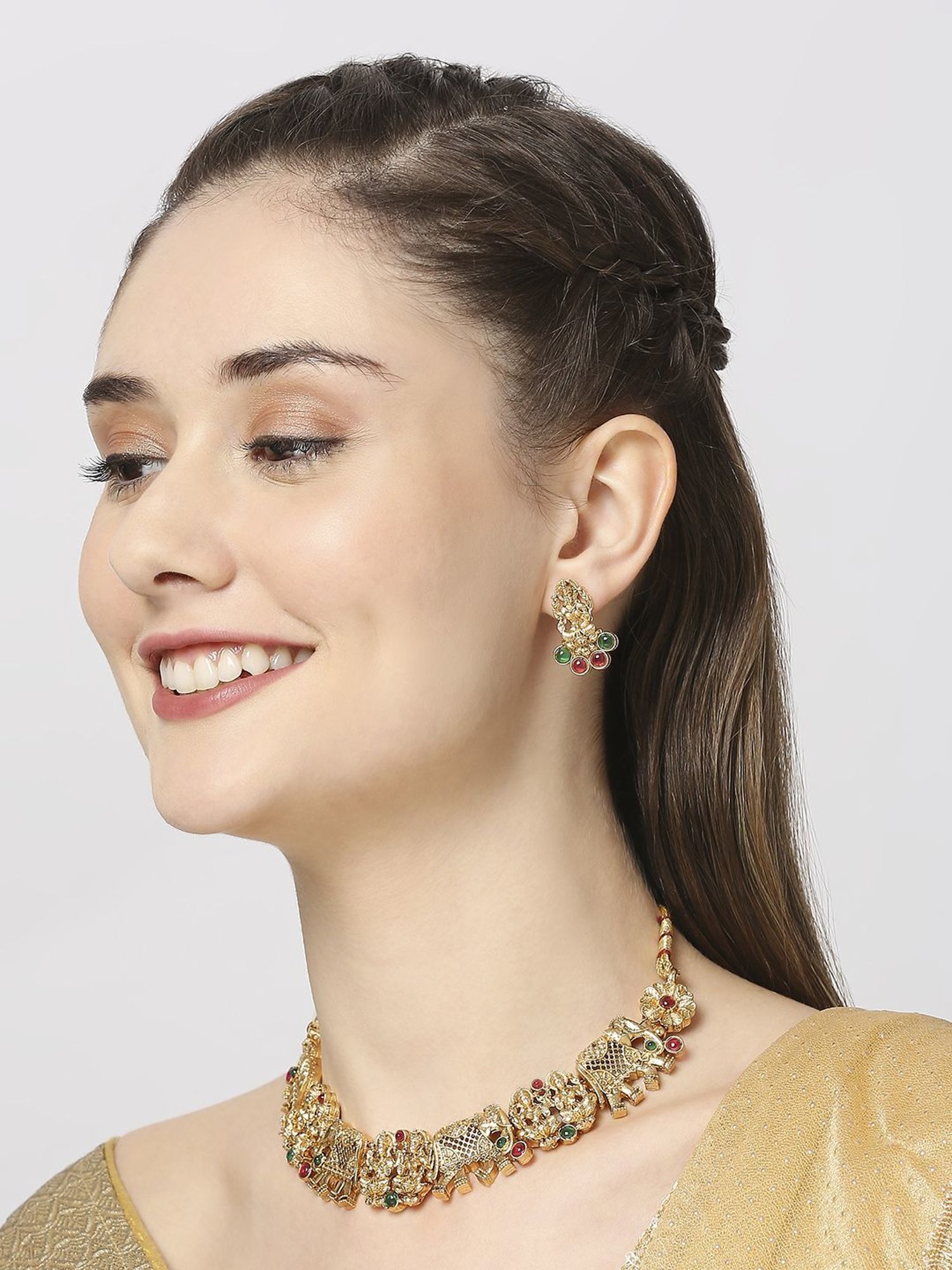 OOMPH Antique Gold Tone Red & Green Stones Elephant Choker Necklace Set for Women