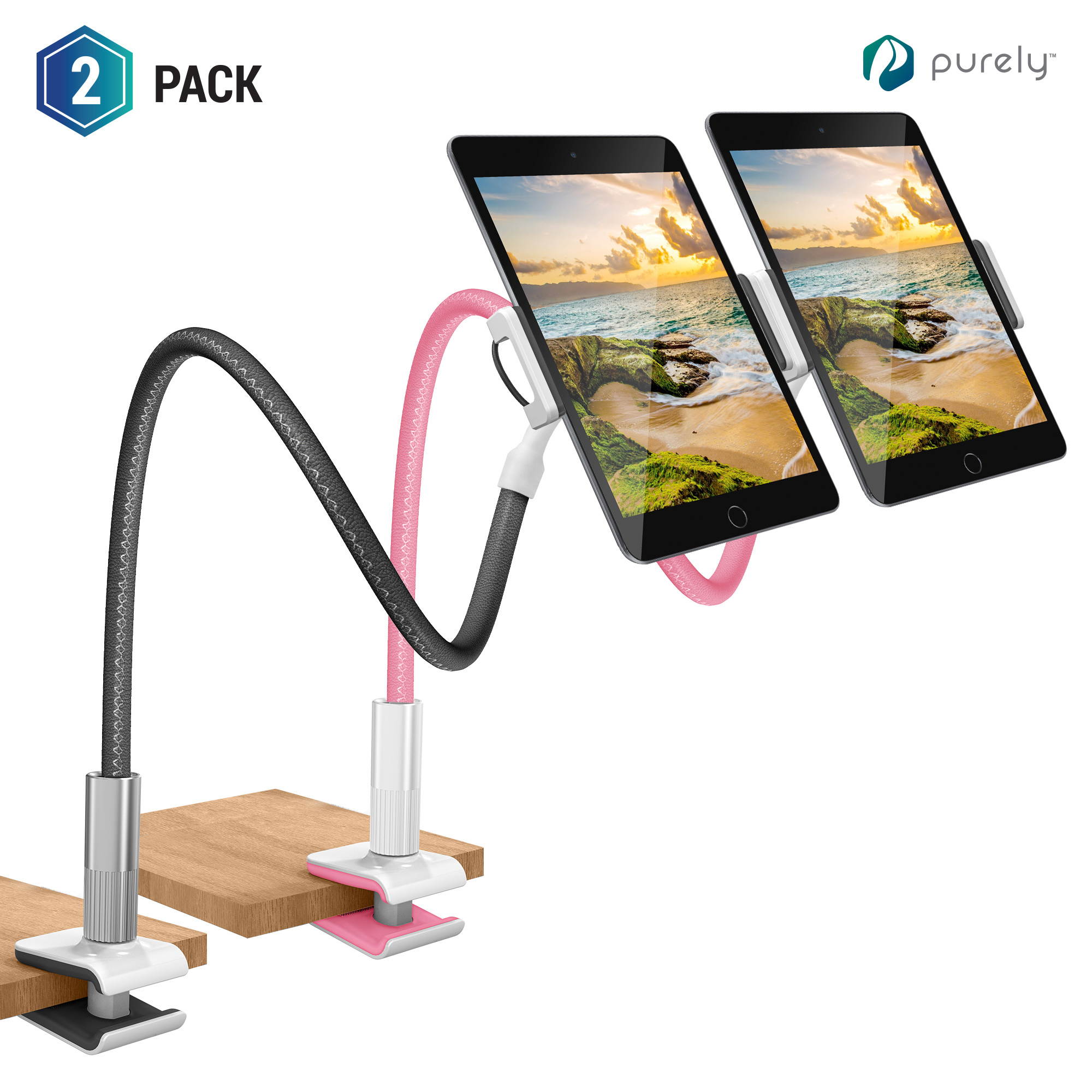 Purely Gooseneck Phone and Tablet Holder Deluxe | 39&rdquo; Flexible Arm with Clip Mount 4" to 12.9" Devices - Compatible with iPad Pro, Mini & Samsung Galaxy Tab - Desk, Bedside, Headboard Stand