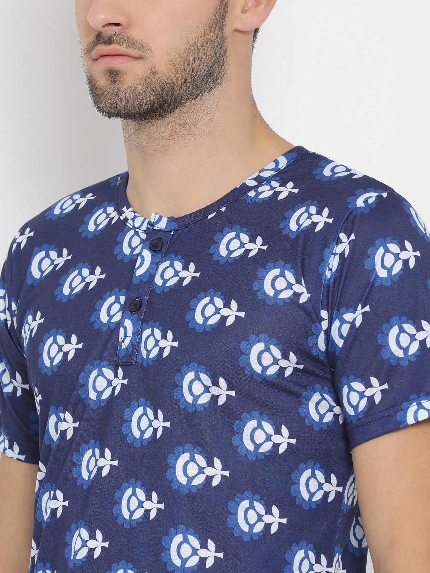 Hangup Plus Blue Regular Fit Printed Henley T-Shirt