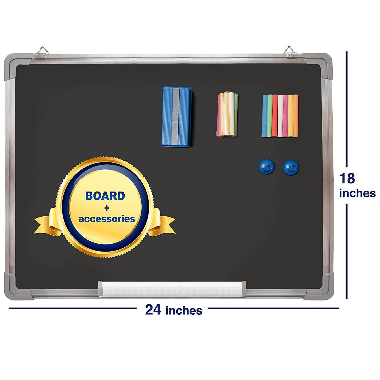 Chalkboard Set - Black Board 24 x 18" + 1 Magnetic Chalk Eraser, 14 Chalk Sticks (7 Colors) and 2 Magnets - Small Message Blackboard with Sturdy Frame for Home Office Class School (24x18" Landscape)