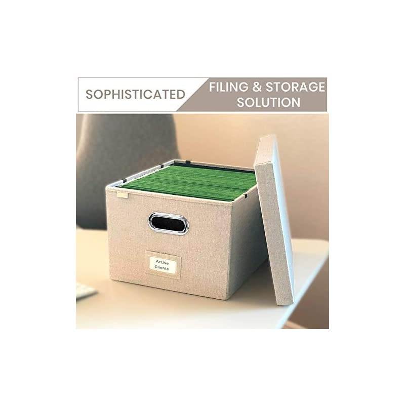 Boxes for Hanging s | Decorative Hanging Folder Organizer with Lid | Portable Filing Box with Patent-Pending Folder Glides for Easy Movement | Beige Linen Storage Solutions - Set of 2
