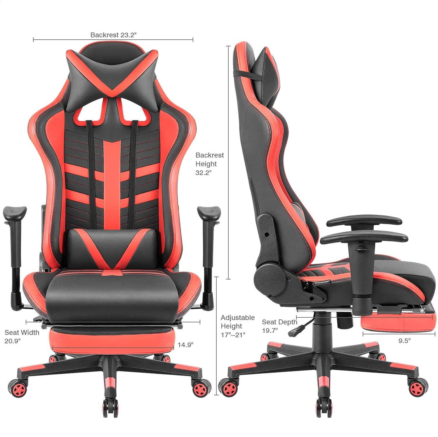 Devoko Ergonomic High-Back Racing Gaming Chair with Leather Bucket Seat, Headrest, Footrest and Lumbar Support (Black/Red)