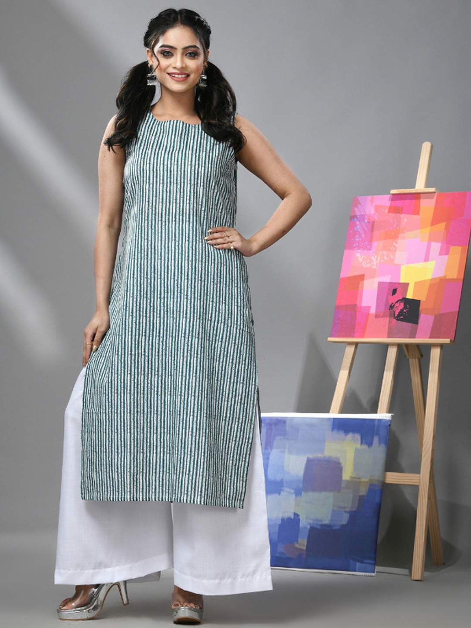 CHARUKRITI Blue & White Cotton Printed Kurta Palazzo Set