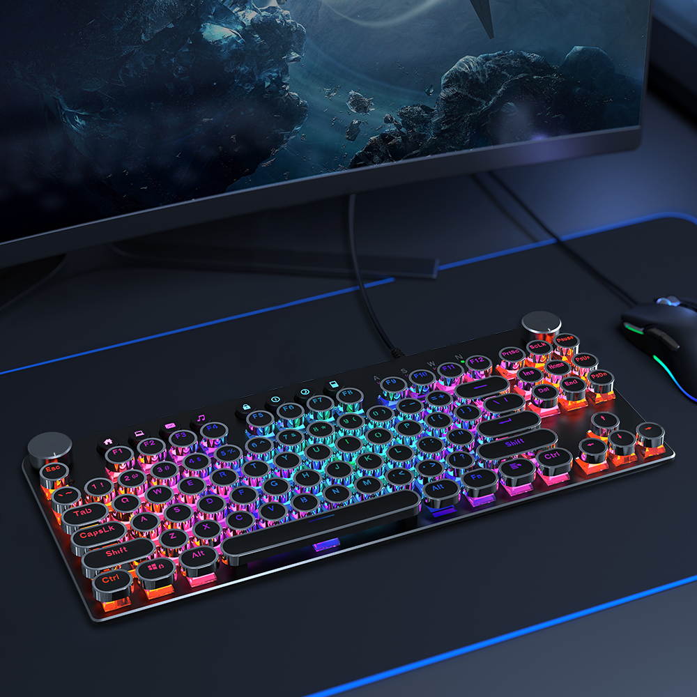 STOGA Typewriter Gaming Keyboard Mechanical with RGB Backlit Knobs 87 Keys Blue Switch Media Control Retro Round Keys Black
