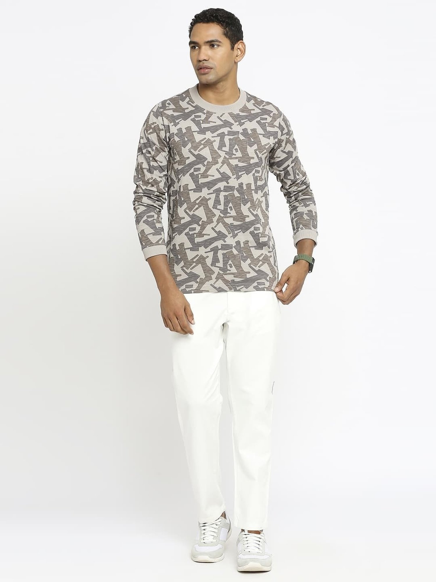 Basics Grey Cotton Muscle Fit Printed T-Shirt