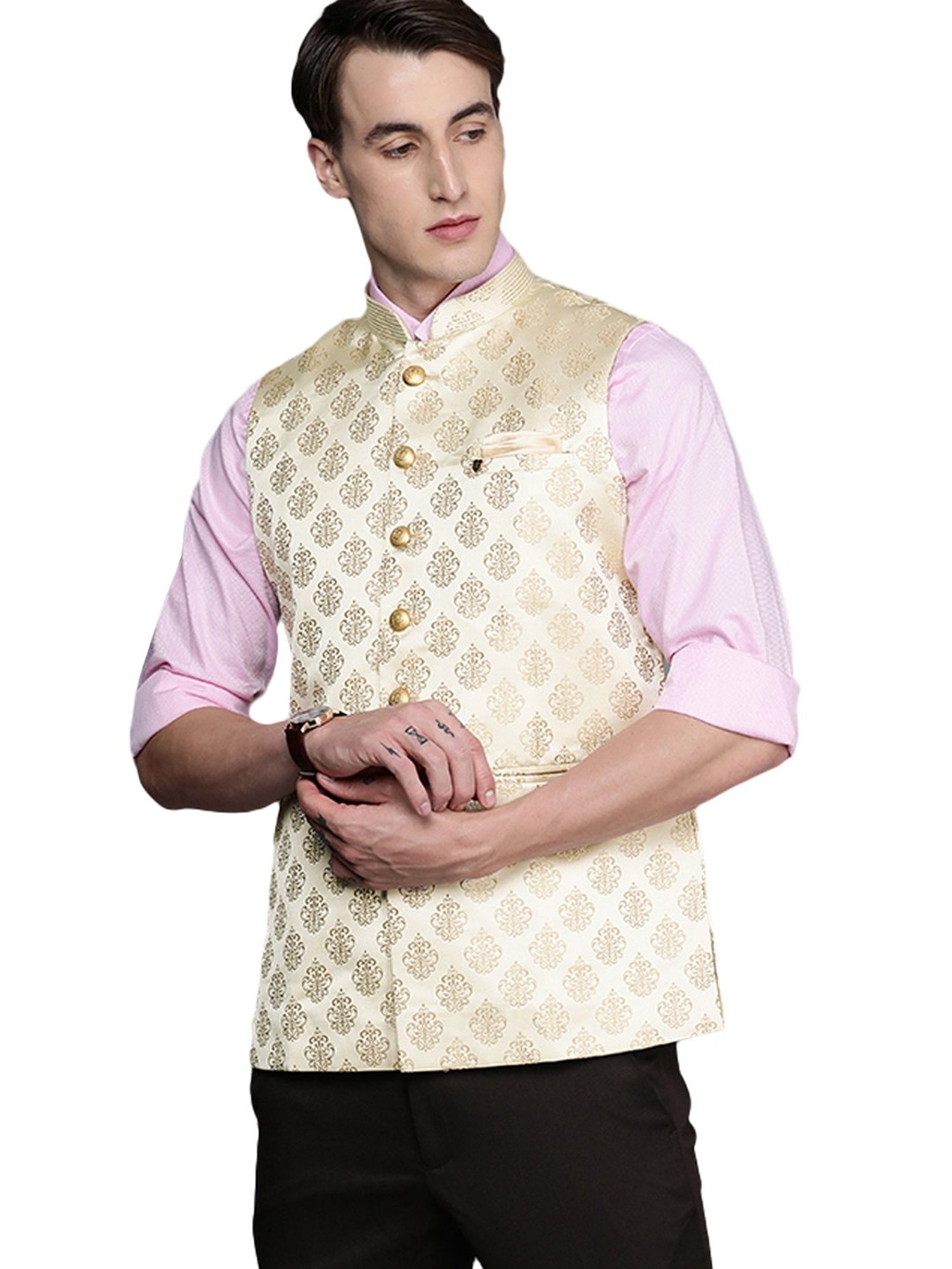 Manyavar Beige Mandarin Collar Nehru Jacket