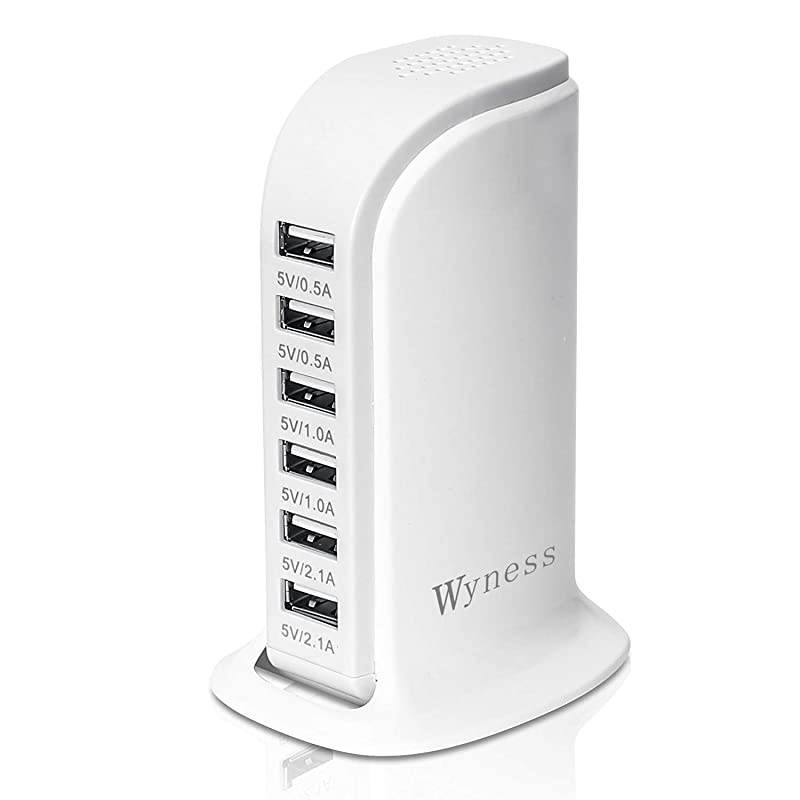 Tower Power Adapter 6-Port Smart IC Tech Charging Station with Quick Charge 2.1 for Phone, Tablets, and More (White)