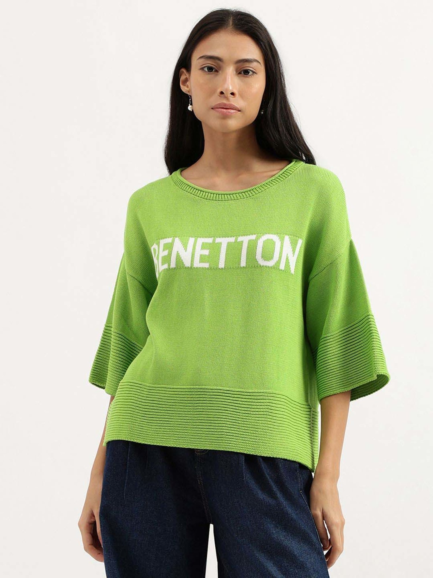 United Colors of Benetton Green Cotton Logo Work Top