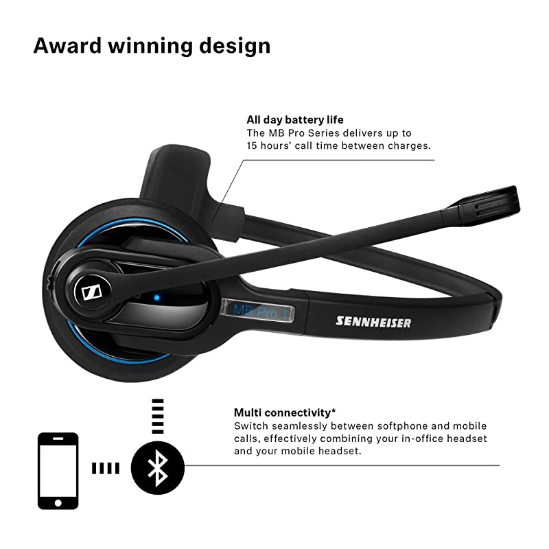 MB Pro 1 506041 SingleSided Wireless Bluetooth Headset | For Mobile Phone Connection | w HD Sound Noise Cancelling Microphone Black