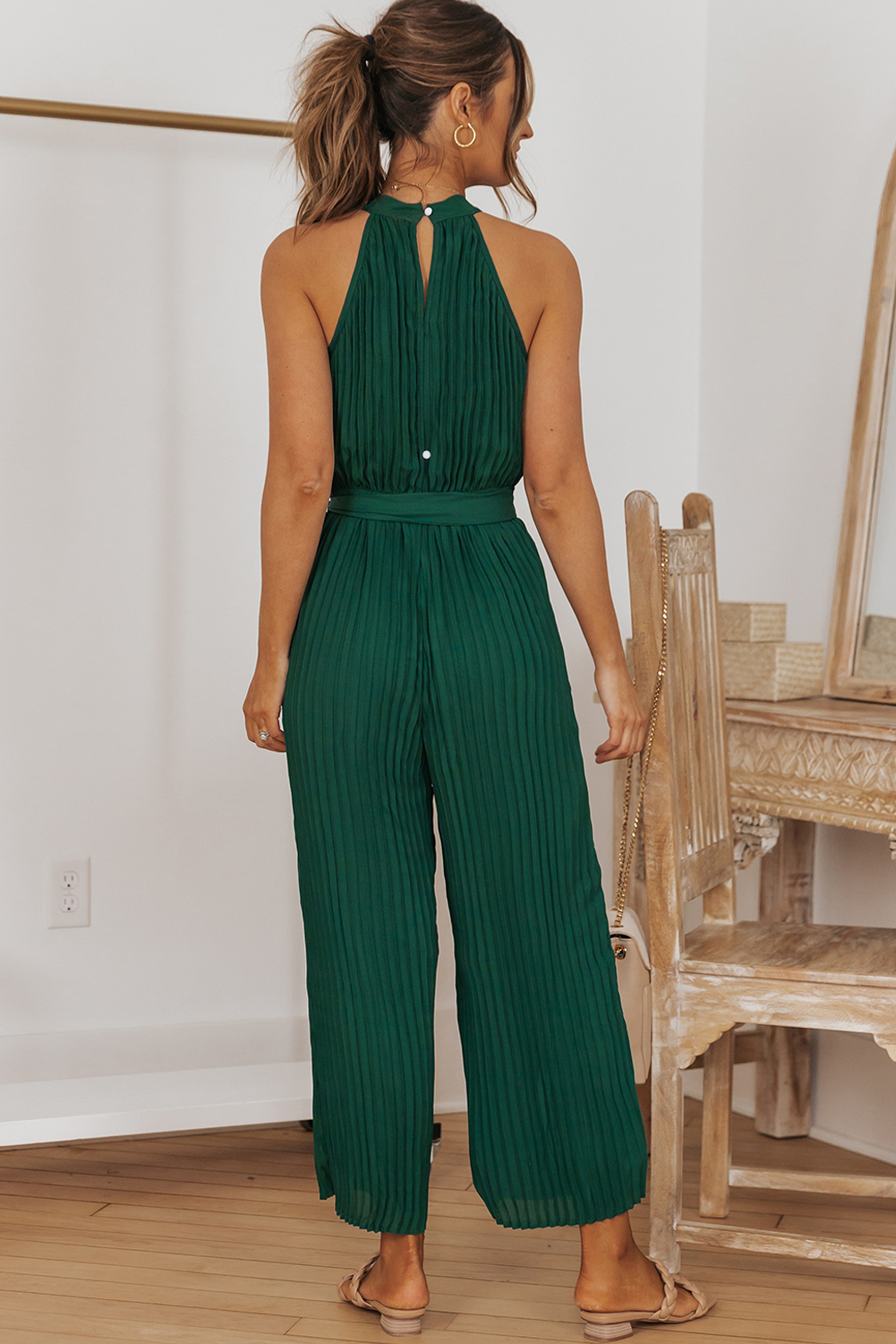 Rose Tan Solid Self Tied Straps Pleated Wide Leg Jumpsuit