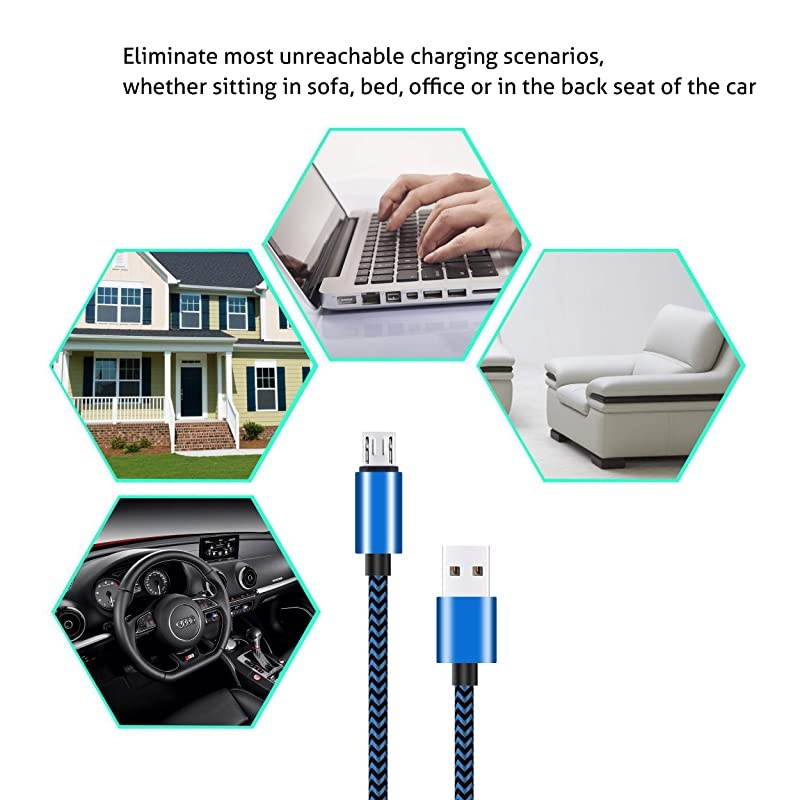 Micro USB Cable 10ft 3Pack by  High Speed 2.0 USB A Male to Micro USB Sync Charging Nylon Braided Cable for Android Phone Charger Cable Tablets Wall and Car Charger Connection Blueblack