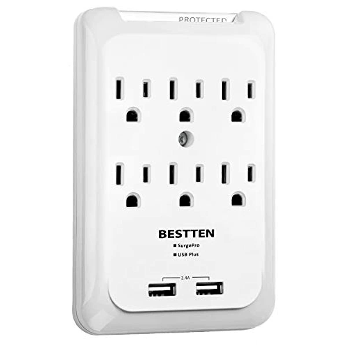 BESTTEN 6-Outlet Wall Mount Surge Protector with Dual USB Charging Ports (5V/2.4A), 15A/125V/1875W, ETL Certified, White