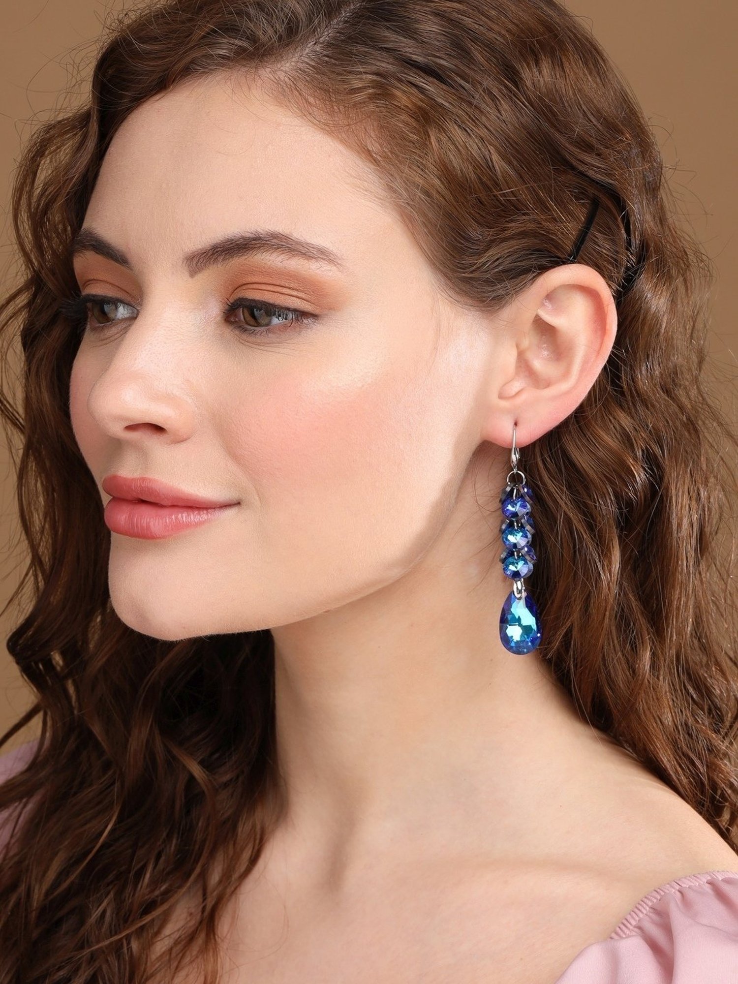 Prita by Priyaasi Blue Berry Studded Silver-Plated Dangler Earrings