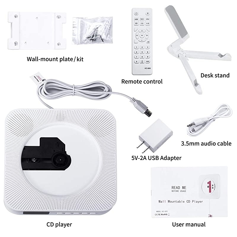 CD Player with Bluetooth, Wall Mounted CD Player with Remote Control Built-in HiFi Speakers FM Radio, Music CD Player Support SD Card USB Playing 3.5mm Headphones AUX in/Out (CD Player)