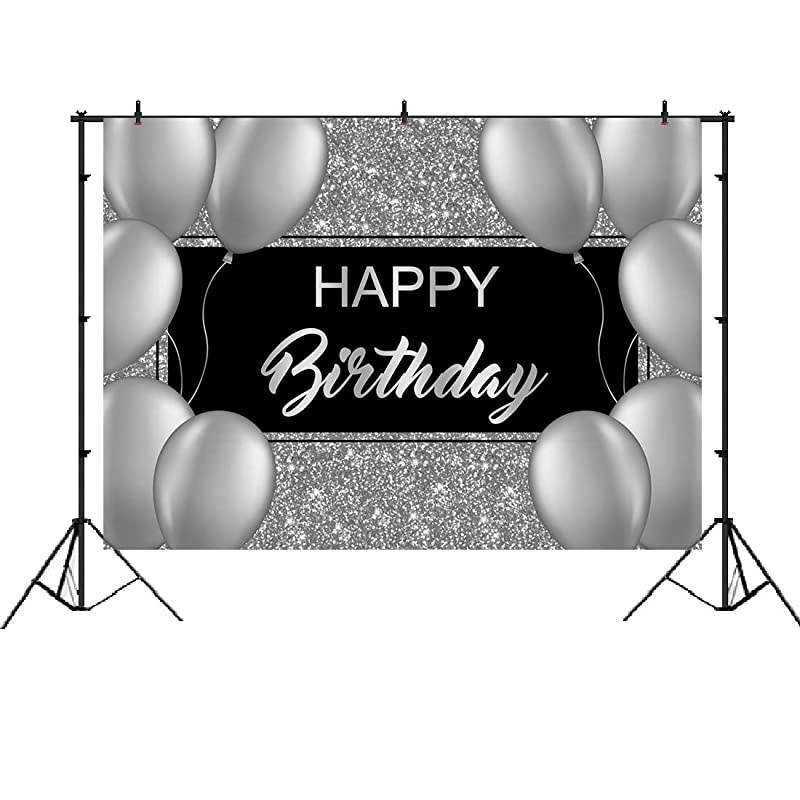 Birthday Backdrop Shinning Sliver and Gery Balloons Birthday Photography Background Black Birthday Party Decorations Supplies Photo Booth Props Banner 7x5ft