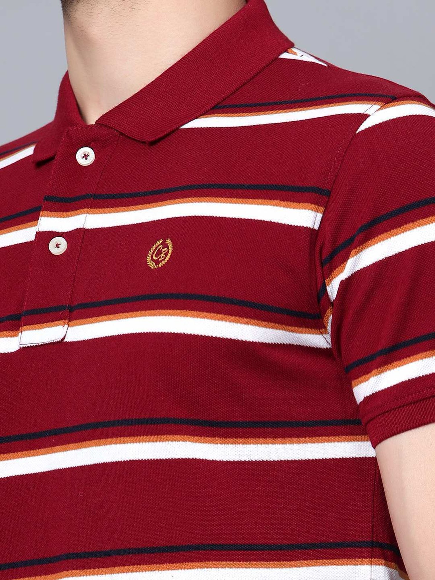 Cantabil Maroon Cotton Regular Fit Striped Polo T-Shirt