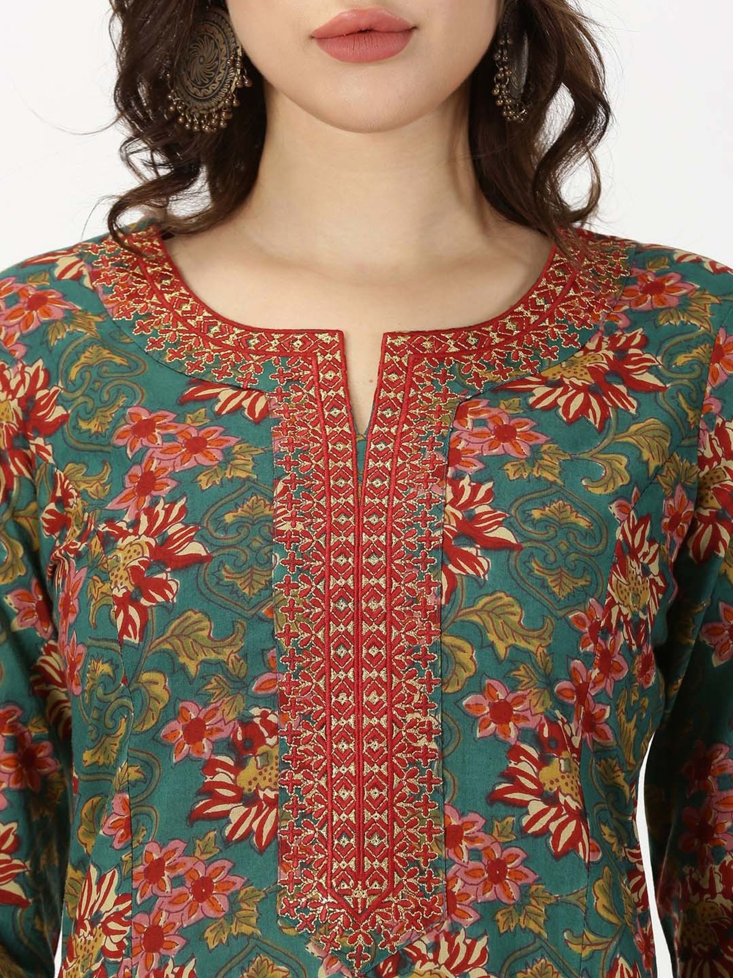 Saffron Threads Green Floral Print A Line Kurta