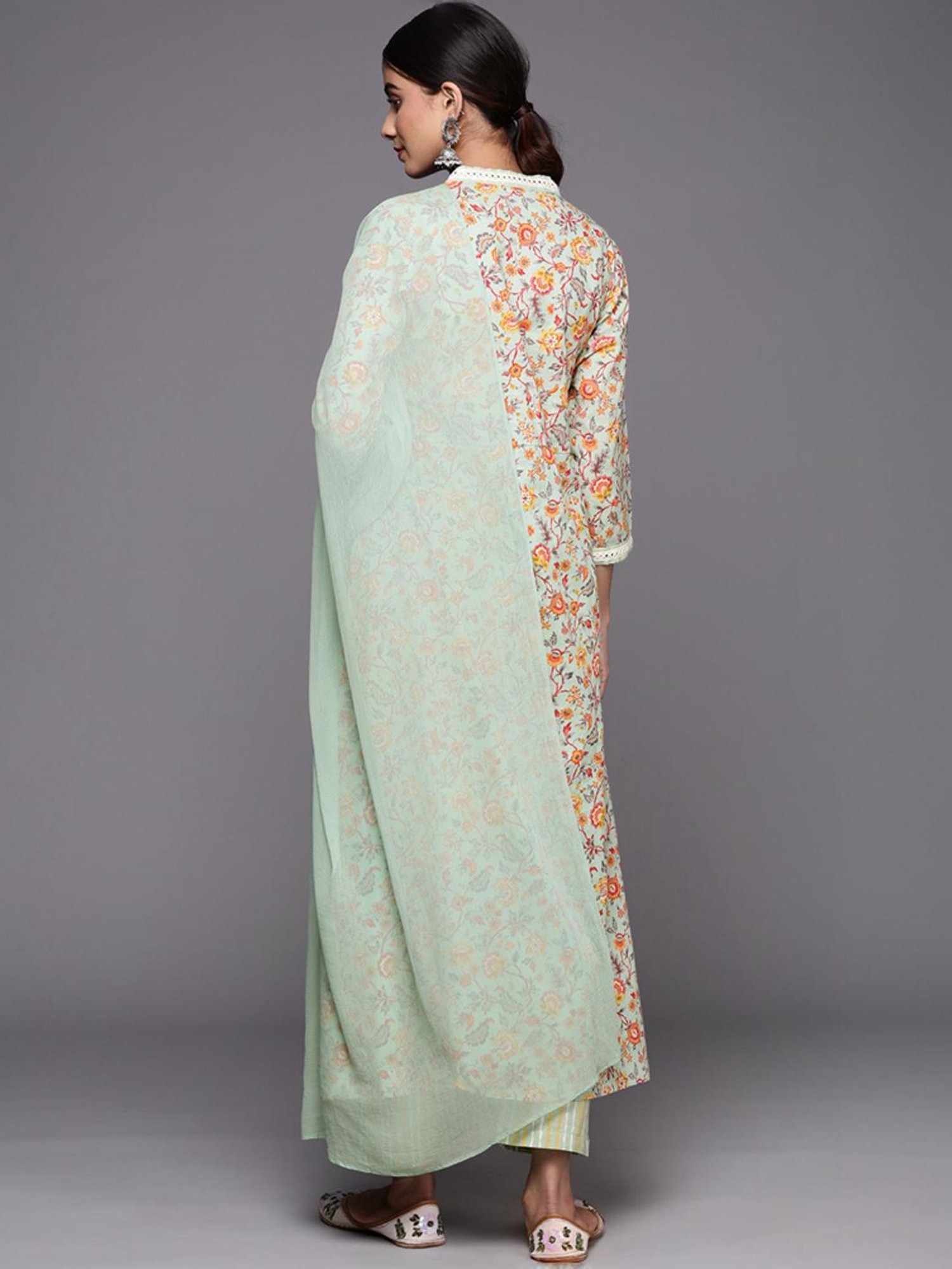 Varanga Sea Green Floral Print Kurta Pant Set With Dupatta