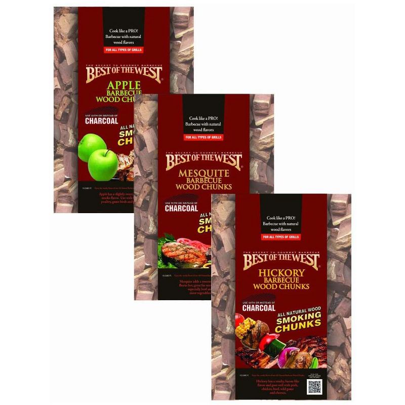 Best of the West All Natural BBQ Multi Flavored Smoking Wood Chunk Grilling Bundle with Hickory, Mesquite, and Apple Wood Chunks (3 Pack)