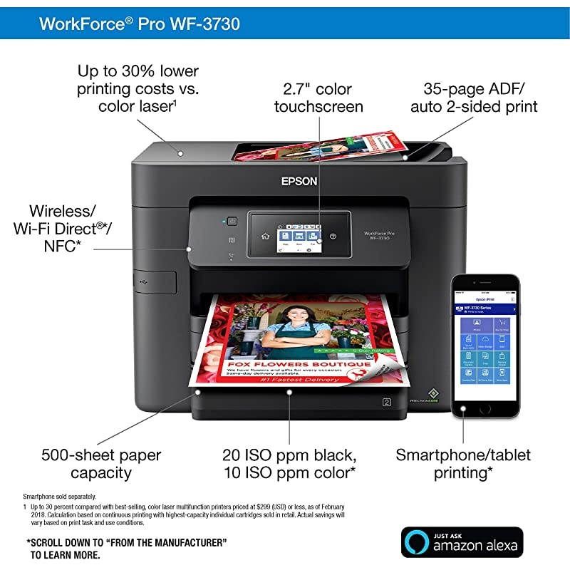WorkForce Pro WF-3730 All-in-One Wireless Color Printer with Copier, Scanner, Fax and Wi-Fi Direct,Black,10-1/2 x 7-1/2 x 6-1/2 in