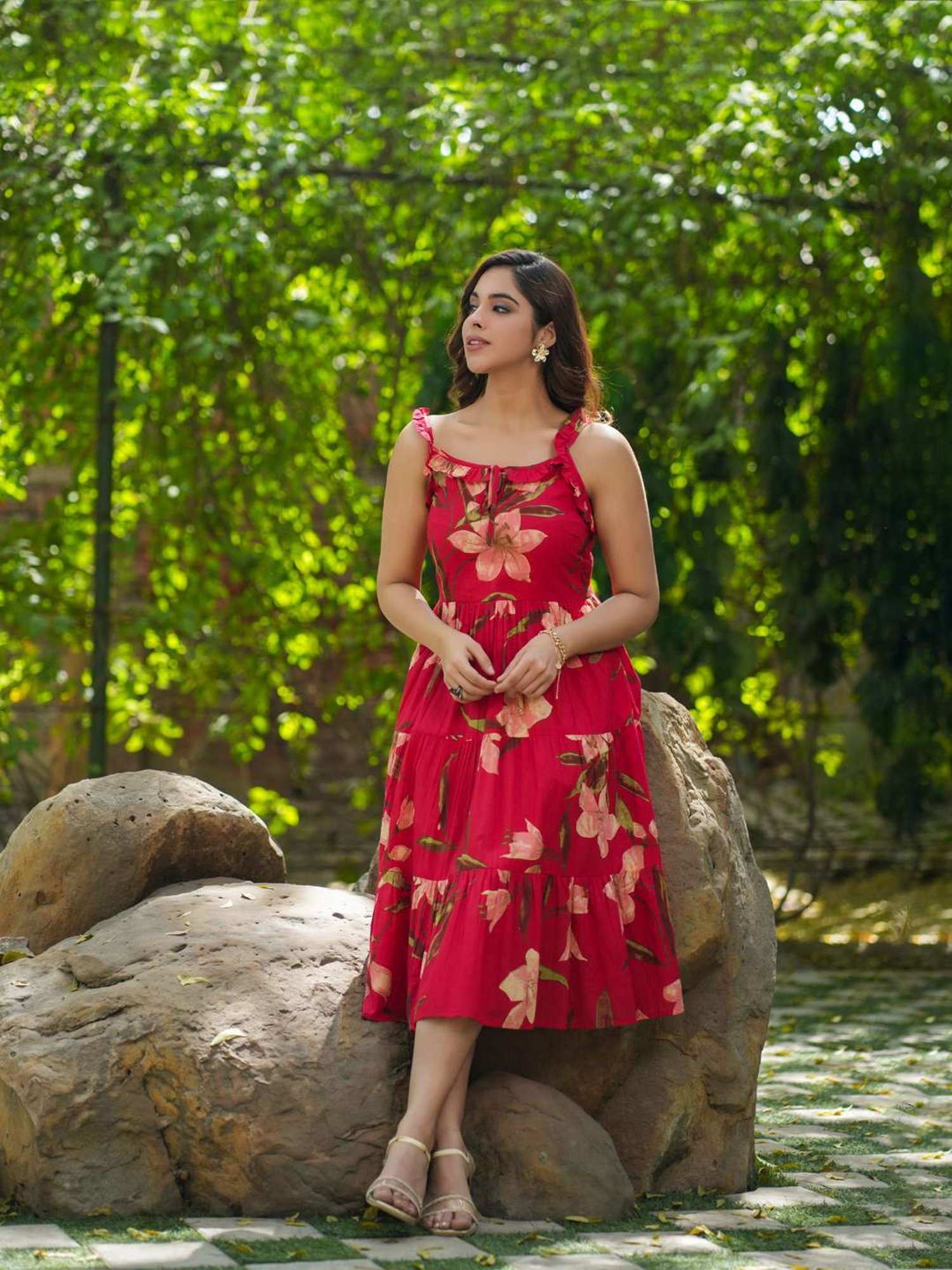 Rain and Rainbow Red Cotton Floral Print A-Line Dress